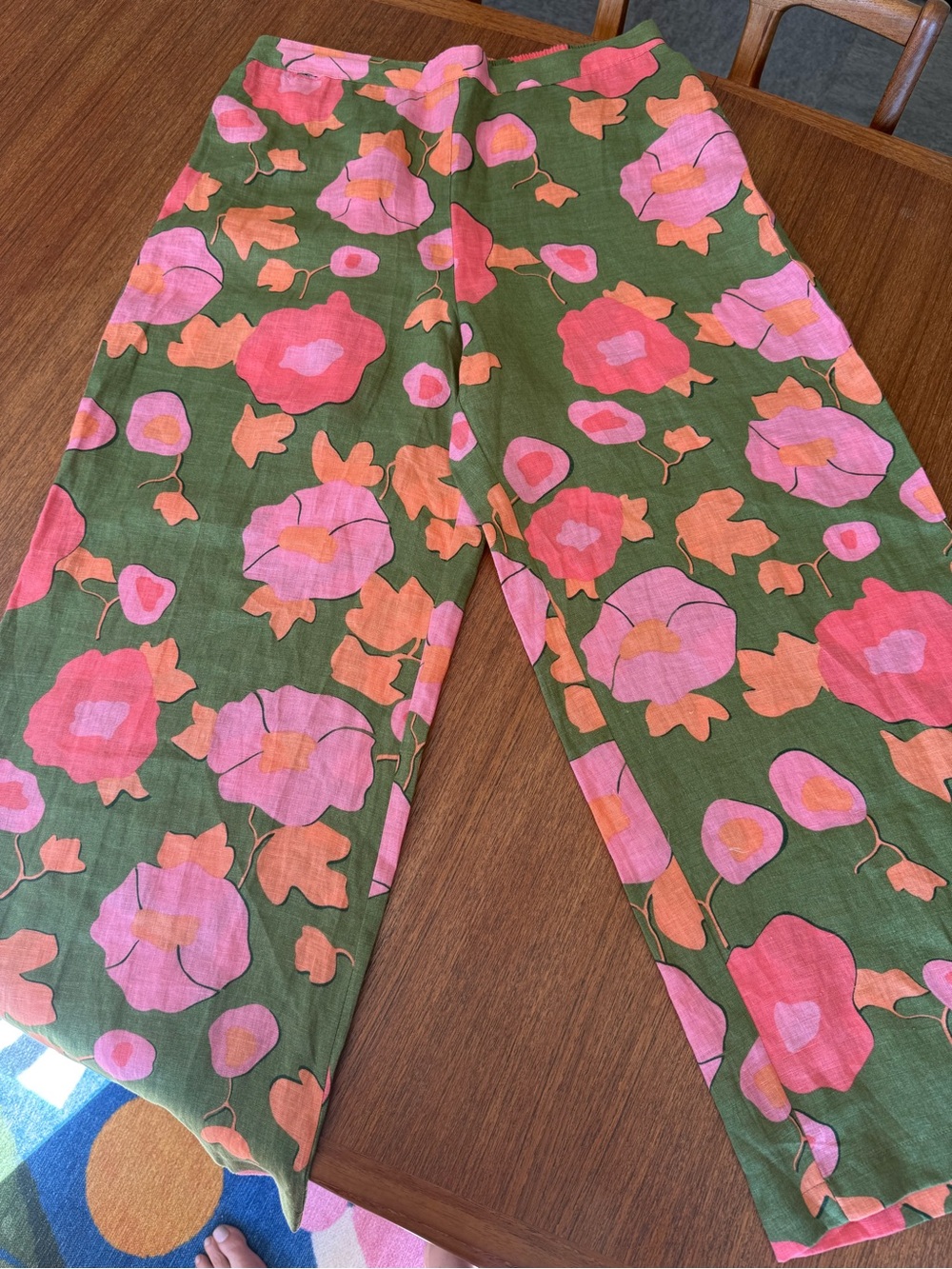Magaschoni Grass Green Linen Pants with Pink & Coral Floral Print